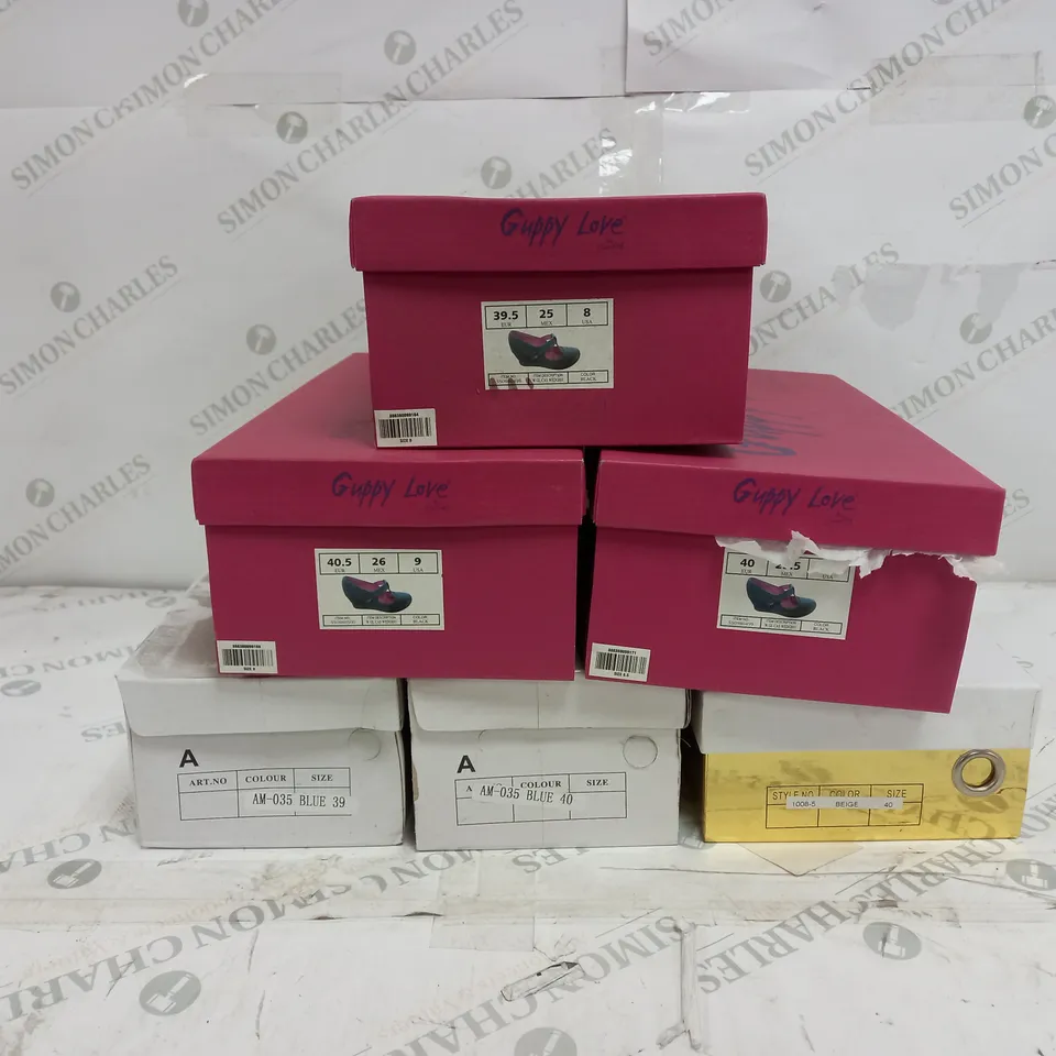 5 BOXED PAIRS OF ASSORTED SHOES TO INCLUDE GUPPY LOVE BY BLOWFISH WEDGE SANDALS SIZE 39.5, SINOBEN WEDGE SHOES SIZE 40, BLUE TRAINERS SIZE 40