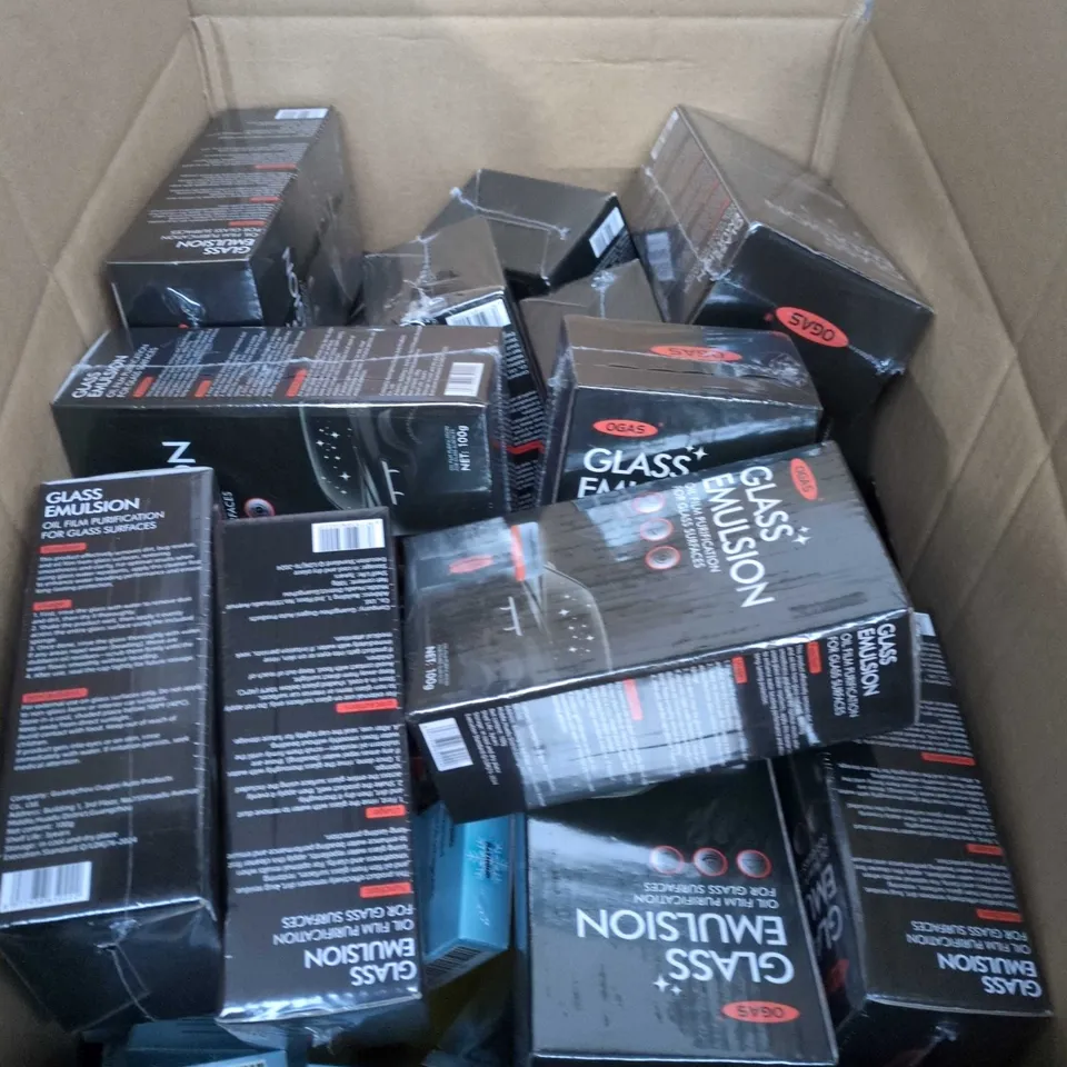 BOX OF ASSORTED ITEMS TO INCLUDE - GLASS EMULSION - SNOW REMOVER - TOOLS 