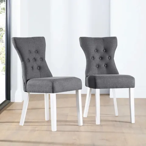 BOXED SET OF 2 BEWLEY DINING CHAIRS, SLATE GREY CLASSIC LINEN-WEAVE FABRIC & WHITE SOLID HARDWOOD (1 BOX)