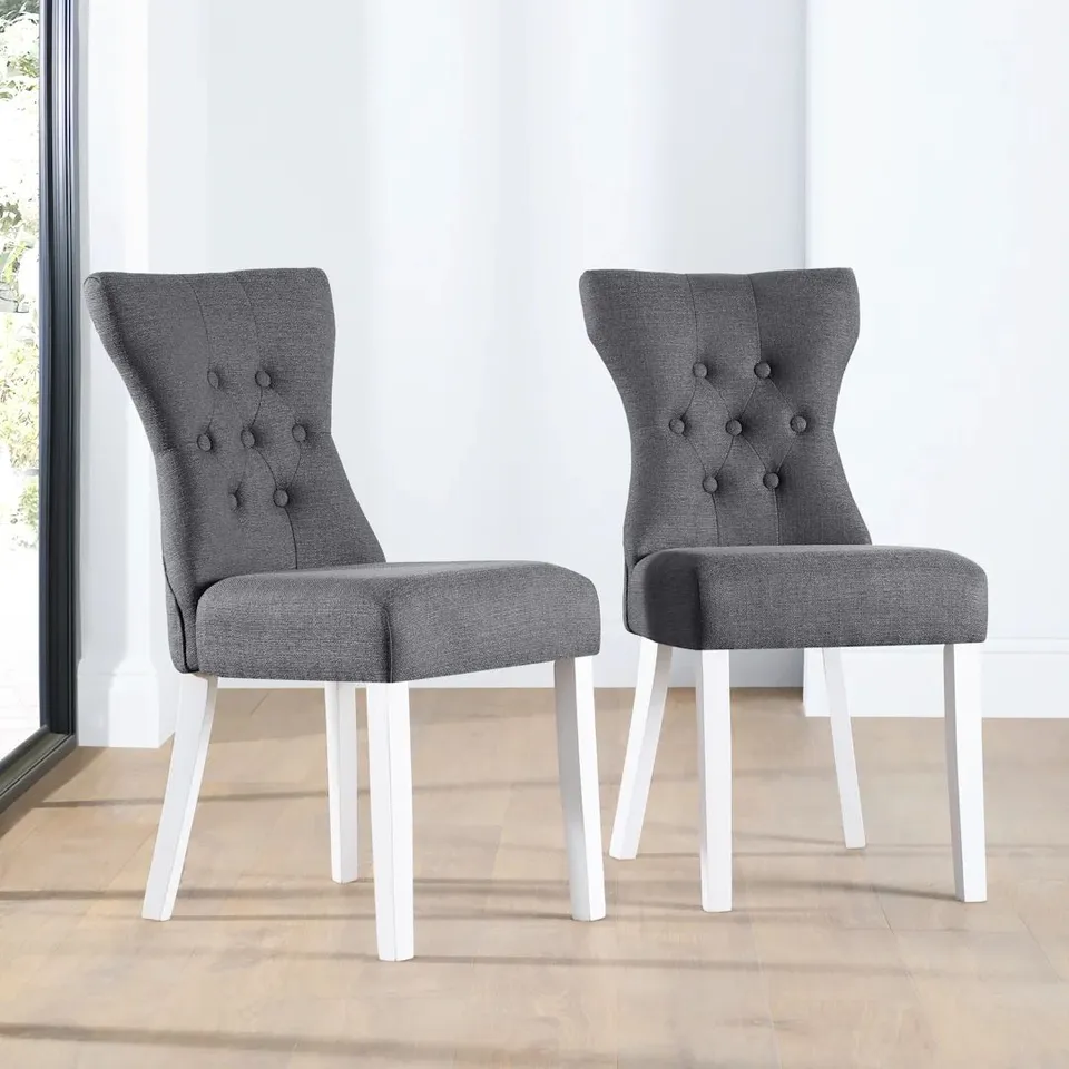 BOXED BEWLEY DINING CHAIR, SLATE GREY CLASSIC LINEN-WEAVE FABRIC & WHITE SOLID HARDWOOD (1 BOX)