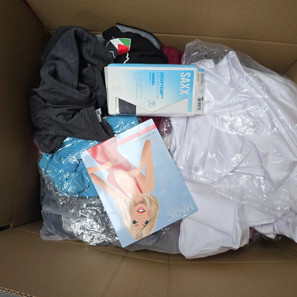 APPROXIMATELY 35 ASSORTED CLOTHING ITEMS IN VARIOUS SIZES, STYLES & COLOURS TO INCLUDE T-SHIRTS, DRESSES, BOXR BRIEFS, ETC