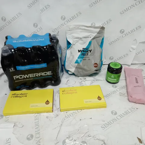 6 ASSORTED HEALTH ITEMS TO INCLUDE POWERADE, MYPROTEIN CHOCOLATE SMOOTH WHEY, AND MAXINE LACEBY ABSOLUTE COLLAGEN ETC.