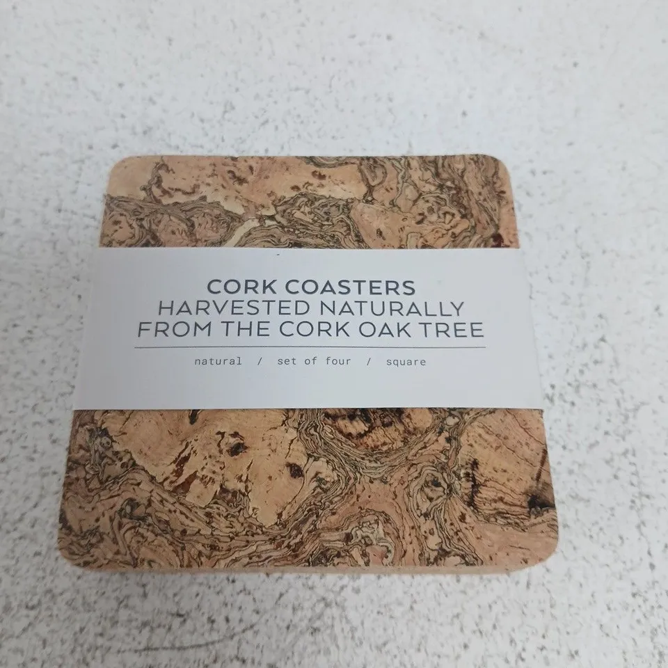 CORK COASTERS – HARVESTED NATURALLY FROM THE CORK OAK TREE (SET OF FOUR, SQUARE)