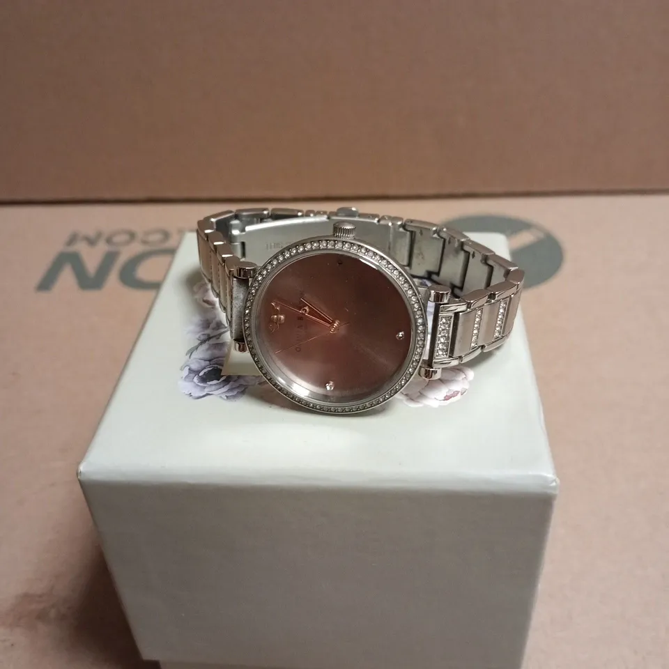 OLIVIA BURTON LONDON ROSE-TONE DIAL CRYSTAL-BEZEL BRACELET WATCH BOXED