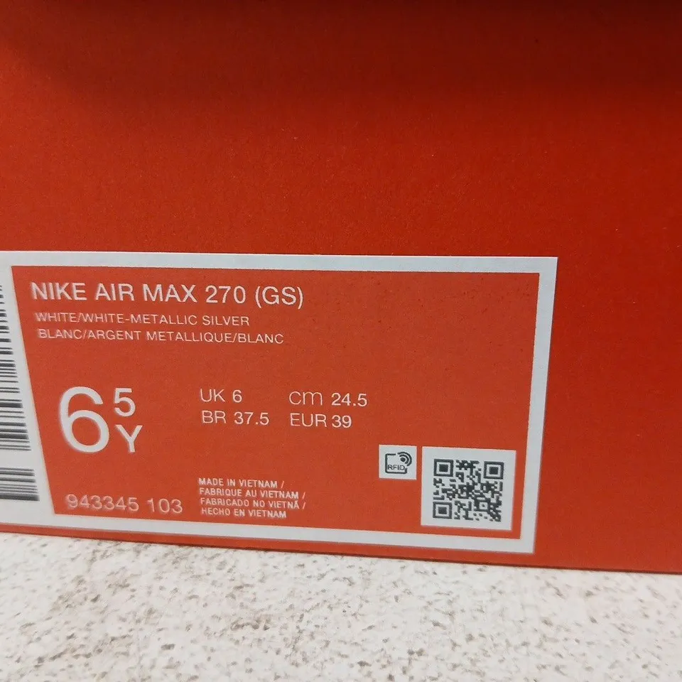 BOXED PAIR OF NIKE AIR MAX 270 GS SNEAKERS – WHITE/WHITE-METALLIC SILVER, UK 6 