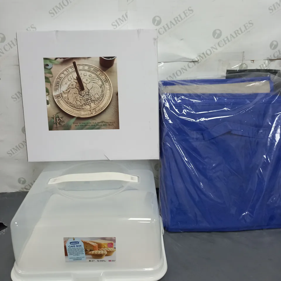 LOT OF APPROXIMATELY 6 HOUSEHOLD ITEMS TO INCLUDE CAKE BOX, SUNDIAL AND STORAGE BOXES