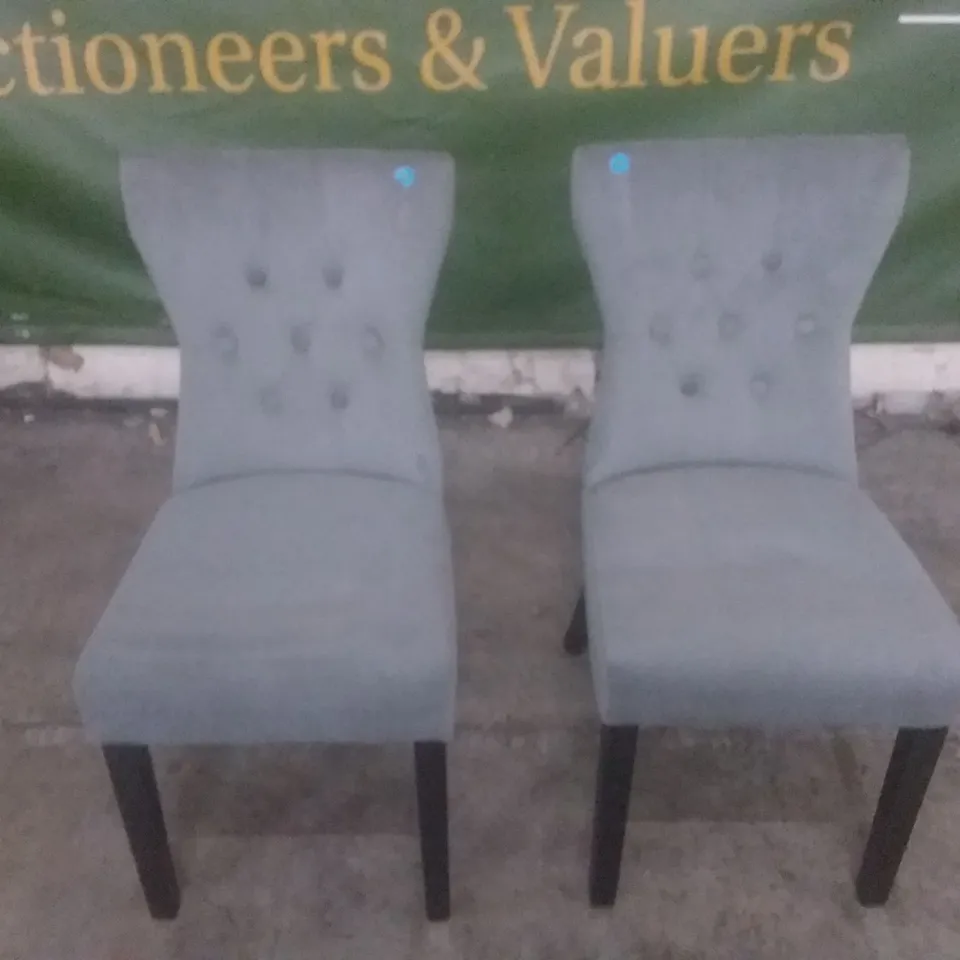 SET OF 2 NEW GREY VELVET BACK BUTTON DINING CHAIRS (DARK LEG)