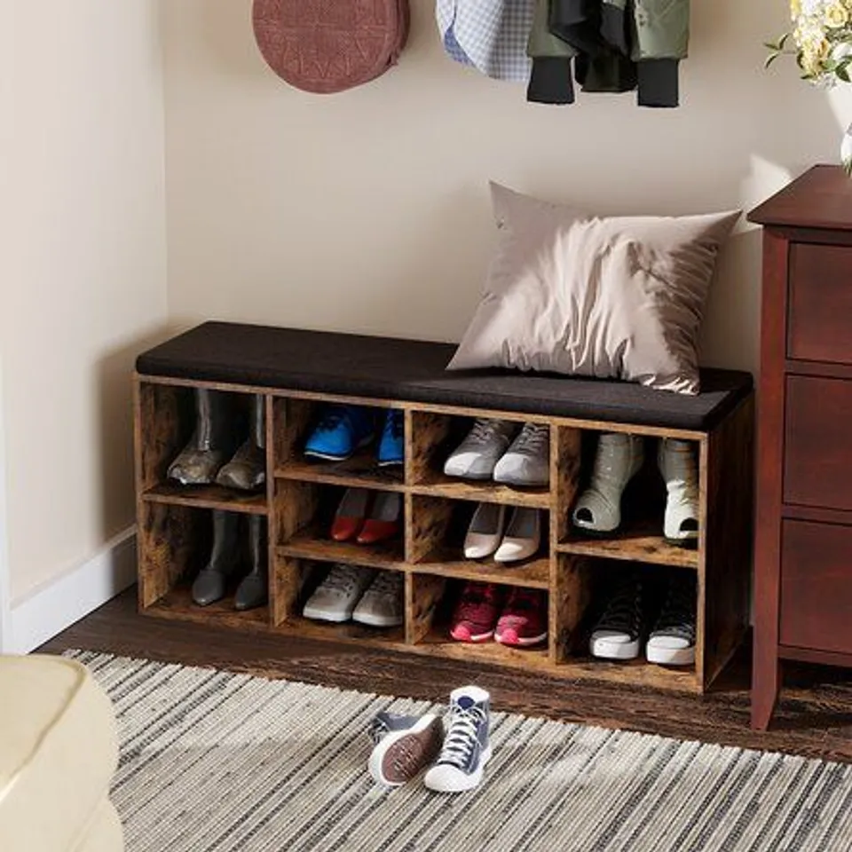 BOXED SHOE STORAGE BENCH- RUSTIC/DARK BROWN