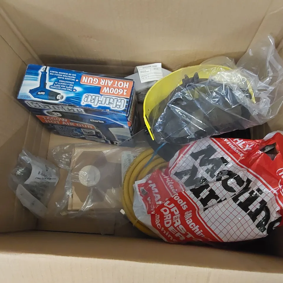 BOX CONTAINING AN ASSORTMENT OF TOOLS INCLUDING: HOSES, 1600W HOT AIR GUN, AIRLINE TYRE INFLATOR ECT