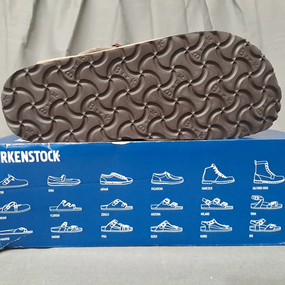 BOXED PAIR OF BIRKENSTOCK CLOSED TOE SHOES IN TAUPE EU SIZE 41