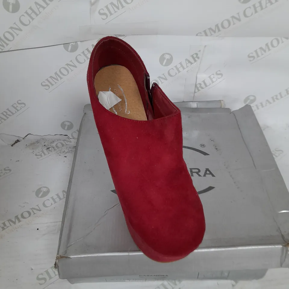 BOXED PAIR OF CASANDRA PLATFORM ANKLE HEEL IN RED SUEDE WITH GOLD STUD DETAIL SIZE 4