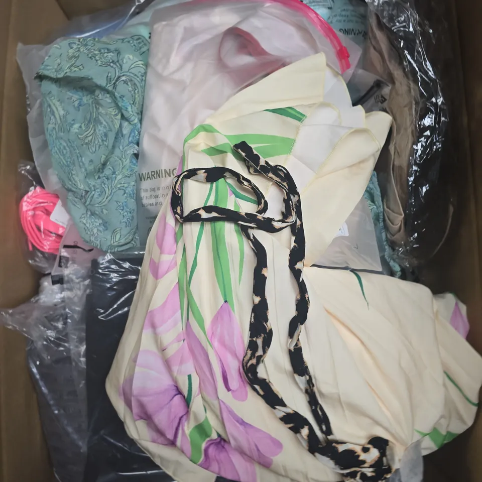LARGE BOX OF APPROXIMATELY 25 ASSORTED CLOTHING ITEMS IN VARIOUS COLOURS, STYLES AND SIZES - COLLECTION ONLY