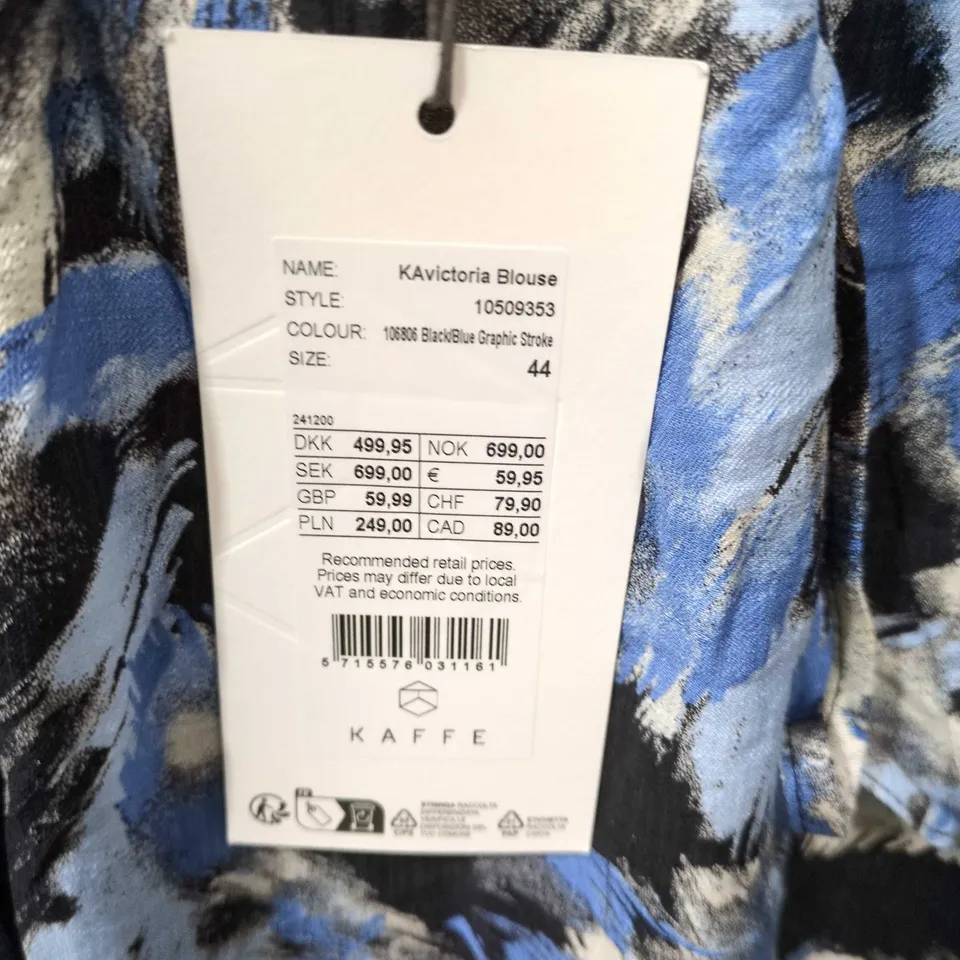KAFFE VICTORIA BLOUSE – BLACK/BLUE GRAPHIC STROKE PRINT, UK 16 (EU 44)