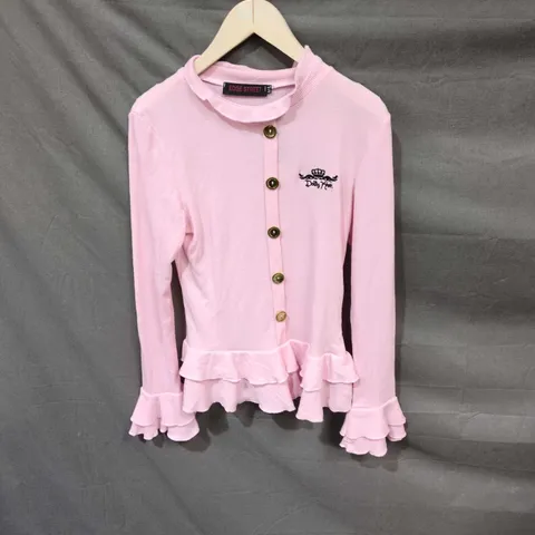 EDGE STREET PINK KNIT CARDIGAN FOR GIRLS – CROWN EMBROIDERY, GOLD BUTTONS, FRILLED HEM