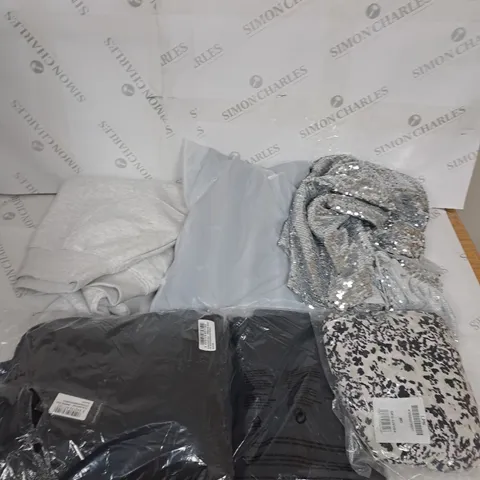 LARGE BOX OF ASSORTED CLOTHING ITEMS IN VARIOUS COLOURS AND SIZES INCLUDING TROUSERS , TOPS AND JUMPERS 