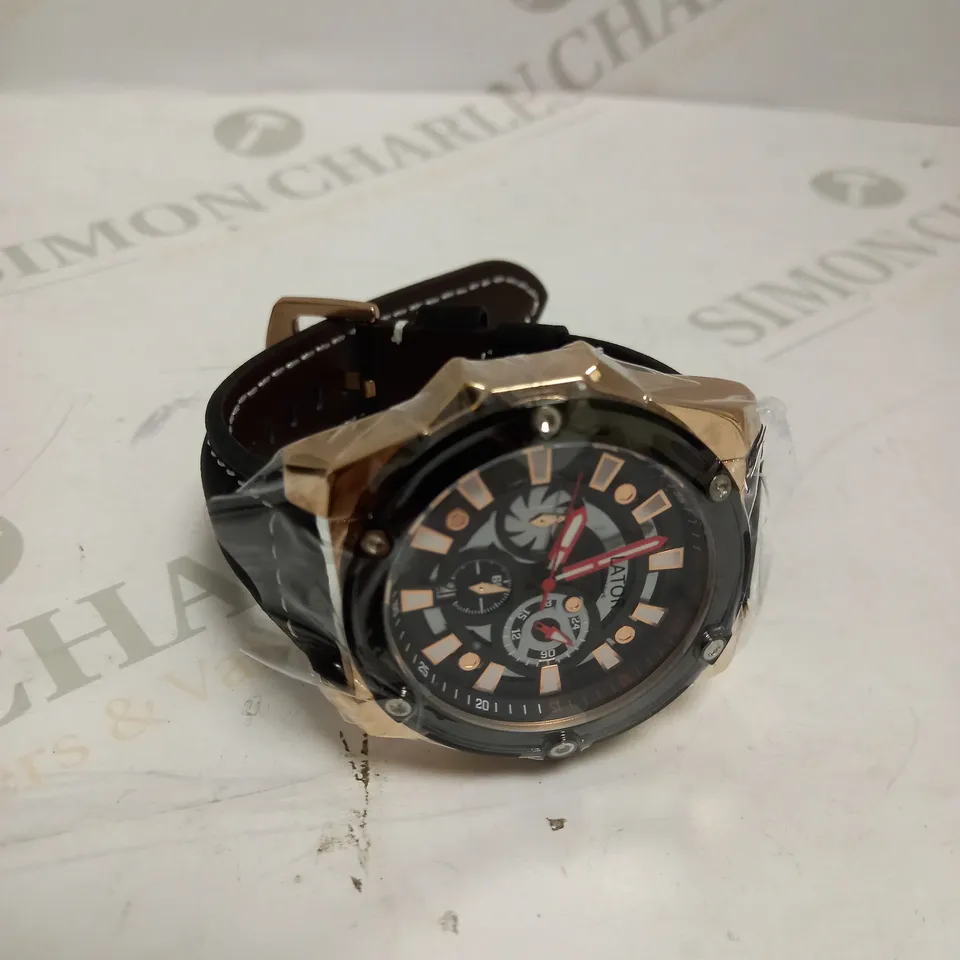 MEN’S LATOR CALIBRE 2261 CHRONOGRAPH WATCH – 42 MM IP PLATED CASE – BLACK DIAL - CHRONOGRAPH MOVEMENT WITH DATE – LEATHER STRAP