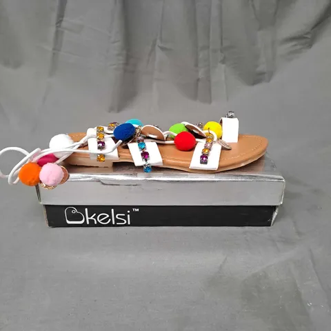 BOX OF APPROXIMATELY 8 PAIRS OF KELSI EMBELLISHED SANDALS IN WHITE - VARIOUS SIZES