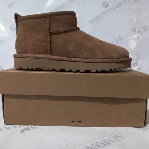 BOXED PAIR OF UGG CLASSIC ULTRA MINI SHOES IN TAN UK SIZE 4