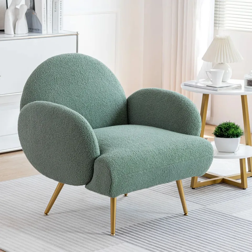 BOXED SHERPA UPHOLSTERED ACCENT CHAIR WITH WOOD LEGS -GREEN-