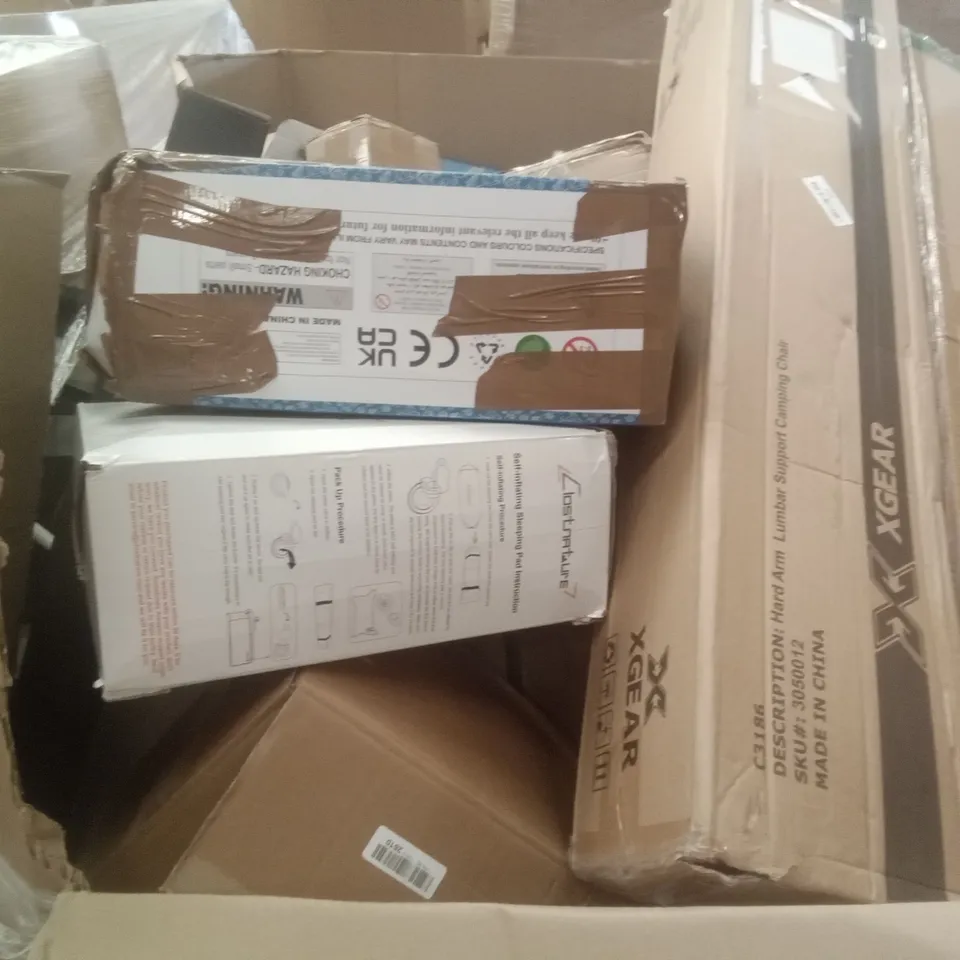 PALLET OF ASSORTED ITEMS INCLUDING SEKEY PVC PRIVACY FENCE, XGEAR CAMPING CHAIR, CONE WHALE BEACH TOY TABLE, IRONING BOARD, SELF INFLATING SLEEPING PAD