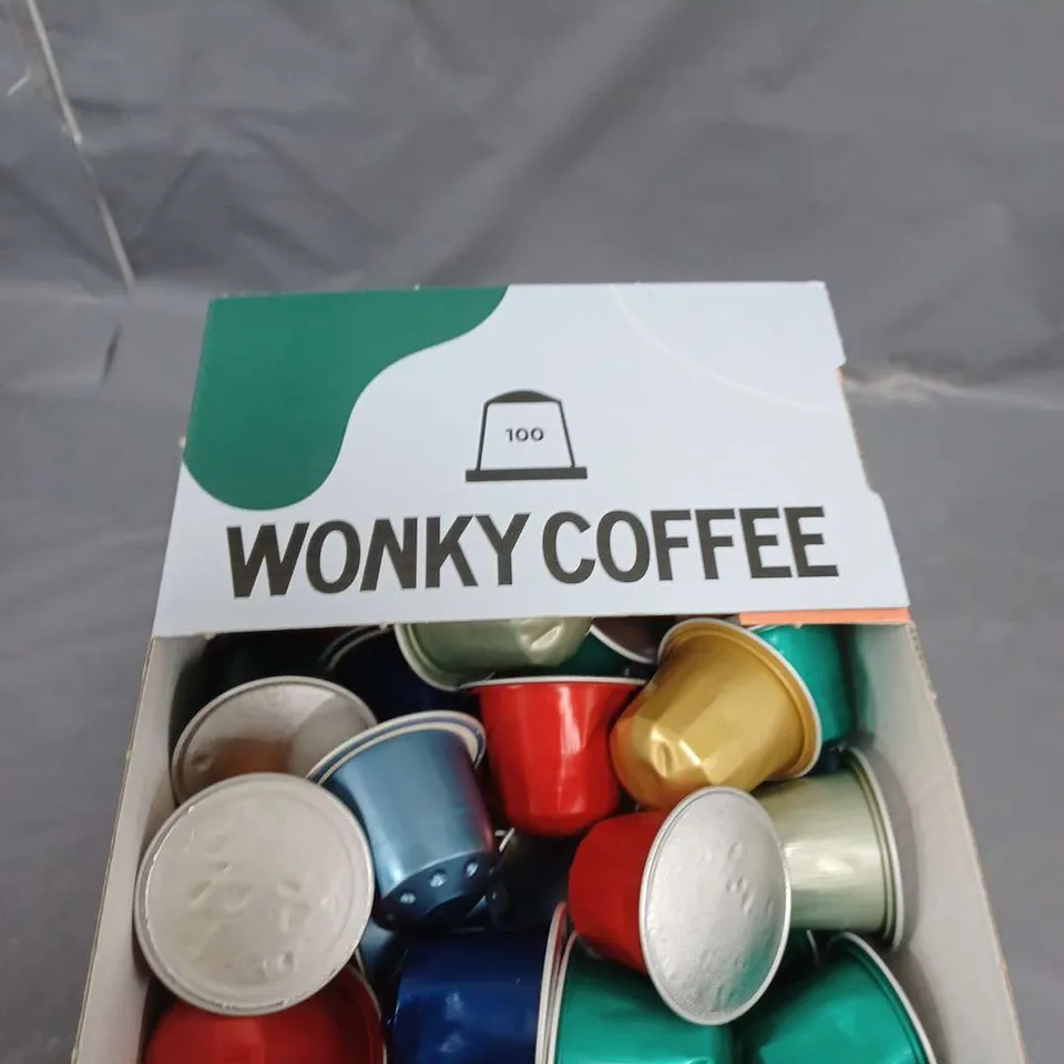 BOXED LOT OF APPROXIMATELY 100 WONKY COFFEE PODS ASSORTED FLAVOURS