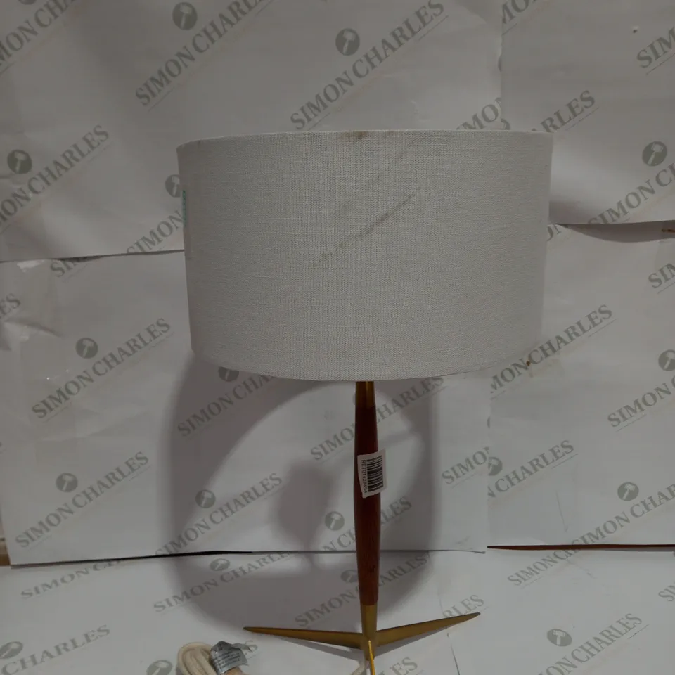 WOODEN LAMP WITH BRASS BASE & WHITE LAMP SHADE