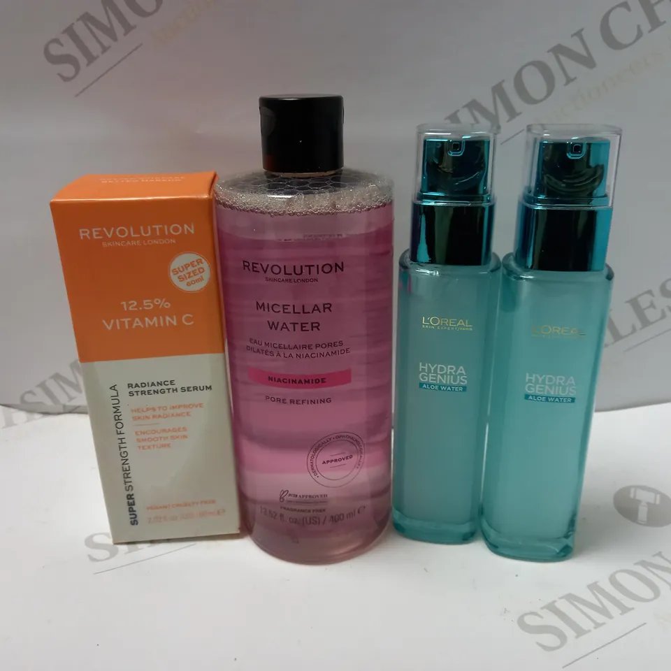 LOT OF 4 ASSORTED BEAUTY PRODUCTS TO INCLUDE REVOLUTION VITAMIN C RADIANCE SERUM, MICELLAR WATER, LOREAL HYDRA GENIUS ALOE WATER