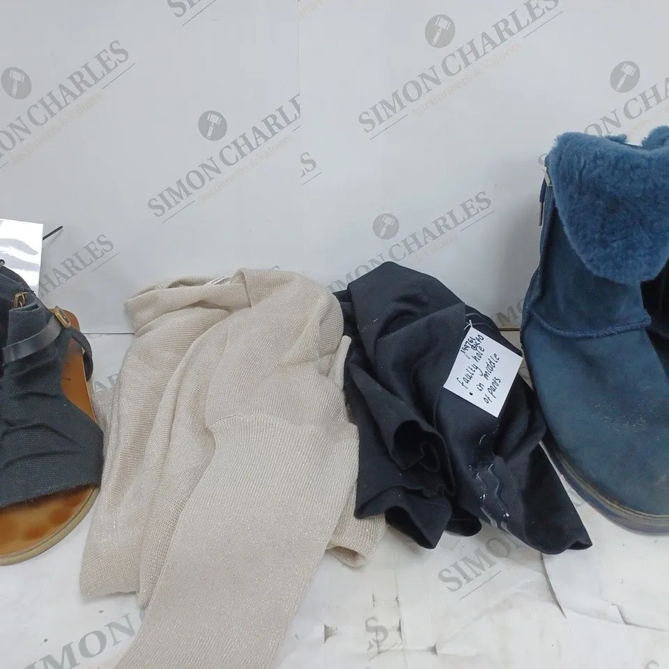 BOX OF APPROXIMATELY 15 ASSORTED CLOTHING ITEMS TO INCLUDE SHOES, JUMPERS, SLIDERS ETC