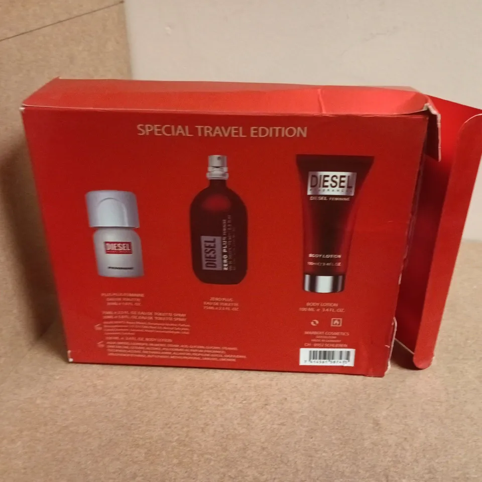 DIESEL ZERO PLUS FEMININE SPECIAL TRAVEL EDITION GIFT SET – EDT 30ML + EDT 75ML + BODY LOTION 100ML