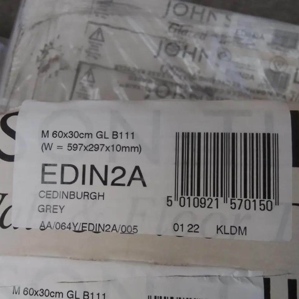 PALLET TO CONTAIN APPROXIMATELY 40 X PACKS OF JOHNSON CEDINBURGH GREY GLAZED WALL & FLOOR TILES - 5 TILES PER PACK // TILE SIZE: 597 X 297 X 10MM