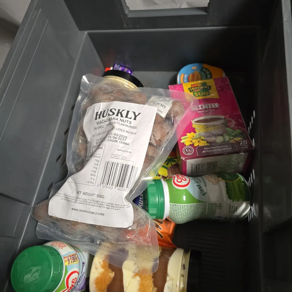 APPROXIMATELY 8 ASSORTED FOOD ITEMS INCLUDING HUSKLY MACADAMIA NUTS , COW & GATE FIRST INFANT MILK AND TROPICAL SUN SLIMTEE HERBAL