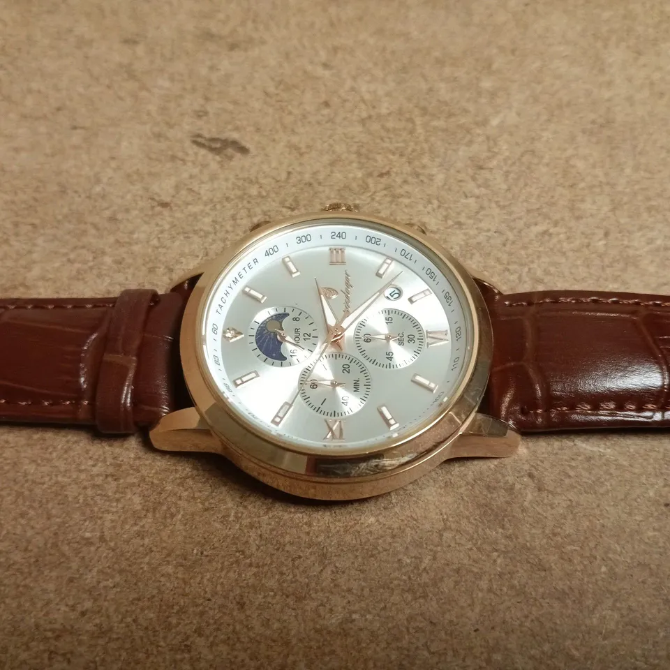POEDAGAR MOONPHASE CHRONOGRAPH WRISTWATCH WITH BROWN LEATHER STRAP – BOXED