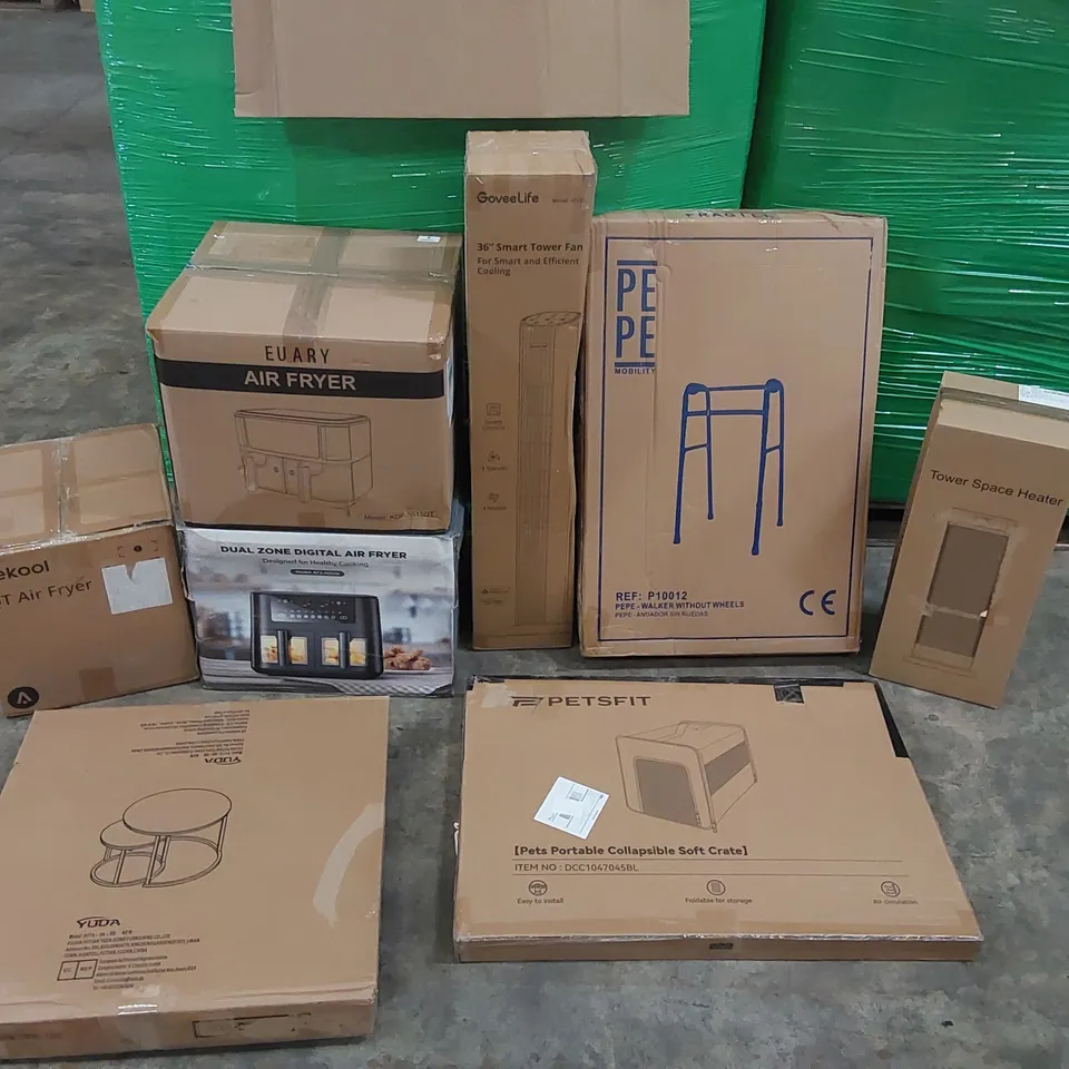 PALLET OF ASSORTED CONSUMER PRODUCTS TO INCLUDE: AIR FRYERS, SMART TOWER FAN, TOWER SPACE HEATER, METAL COFFEE TABLE NEST, COLLAPSIBLE PET CRATES, ZIMMER FRAME ECT