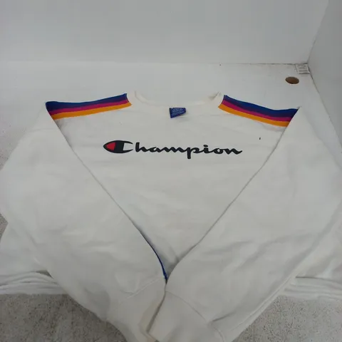 CHAMPION WHITE SWEATSHIRT WITH RAINBOW STRIPES β SIZE S