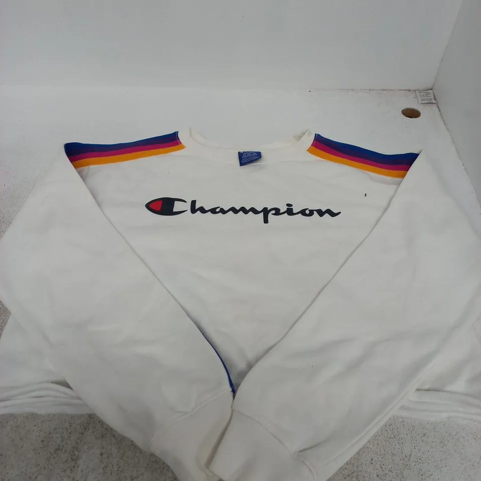 CHAMPION WHITE SWEATSHIRT WITH RAINBOW STRIPES – SIZE S