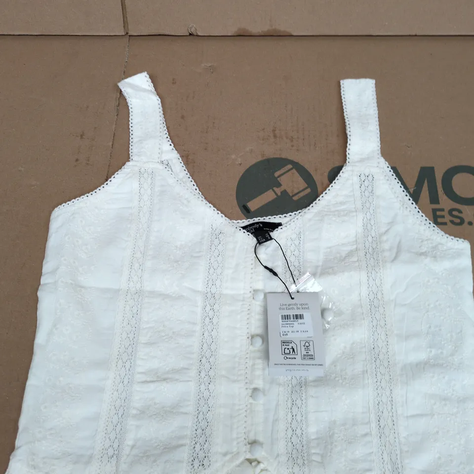 NOBODY'S CHILD WHITE LACE TRIM SLEEVELESS TOP, UK 10 (EU 38)