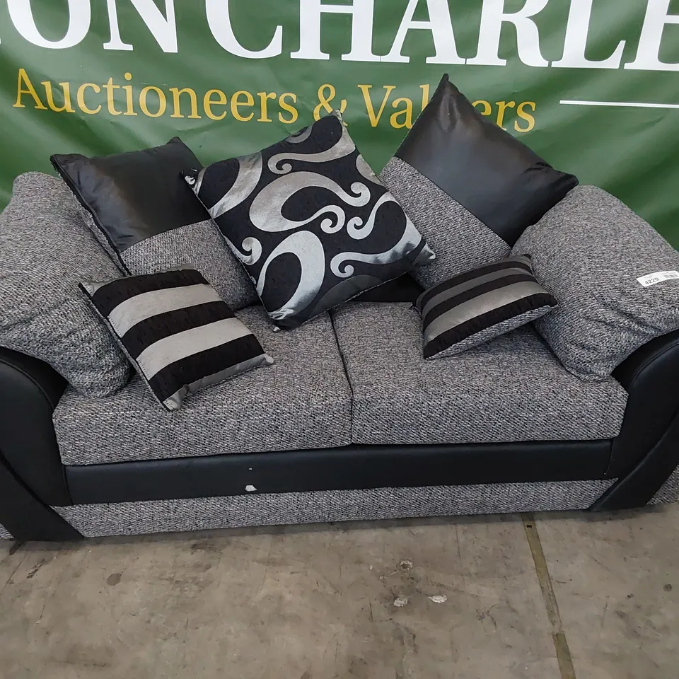 DESIGNER CROYDON THREE SEATER SOFA WITH SCATTER CUSHIONS BLACK FAUX LEATHER & GREY FABRIC