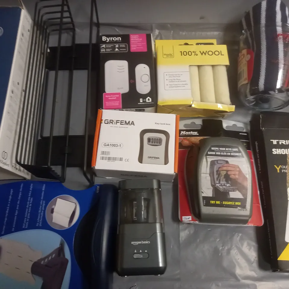 LOT OF ASSORTED HOUSEHOLD ITEMS TO INCLUDE BYRON DOORBELL SET, KEY LOCK BOX, BOOK HOLDER AND SHOULDER SUPPORT