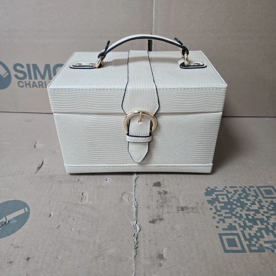 BEIGE CROCODILE-PRINT JEWELLERY BOX WITH MIRROR, RING ROLL AND TWIN DRAWERS BOXED