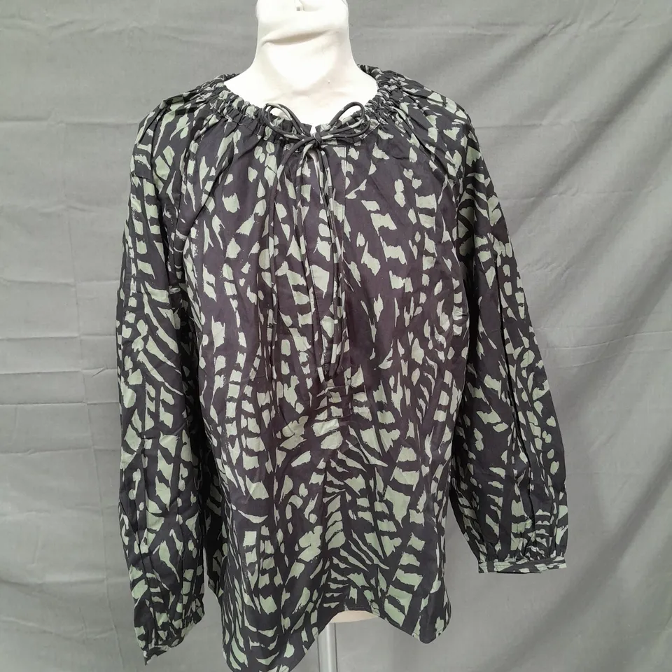 HUSH MONIKA TIE BLOUSE IN ABSTRACT BOHO CHARCOAL SIZE 12