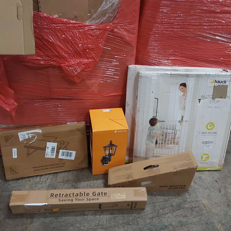 PALLET OF ASSORTED ITEMS INCLUDING: KICK SCOOTER, RETRACTABLE GATE, OUTDOOR LANTERN, AUTO CLOSE GATES, LAPTOP TRAY ECT