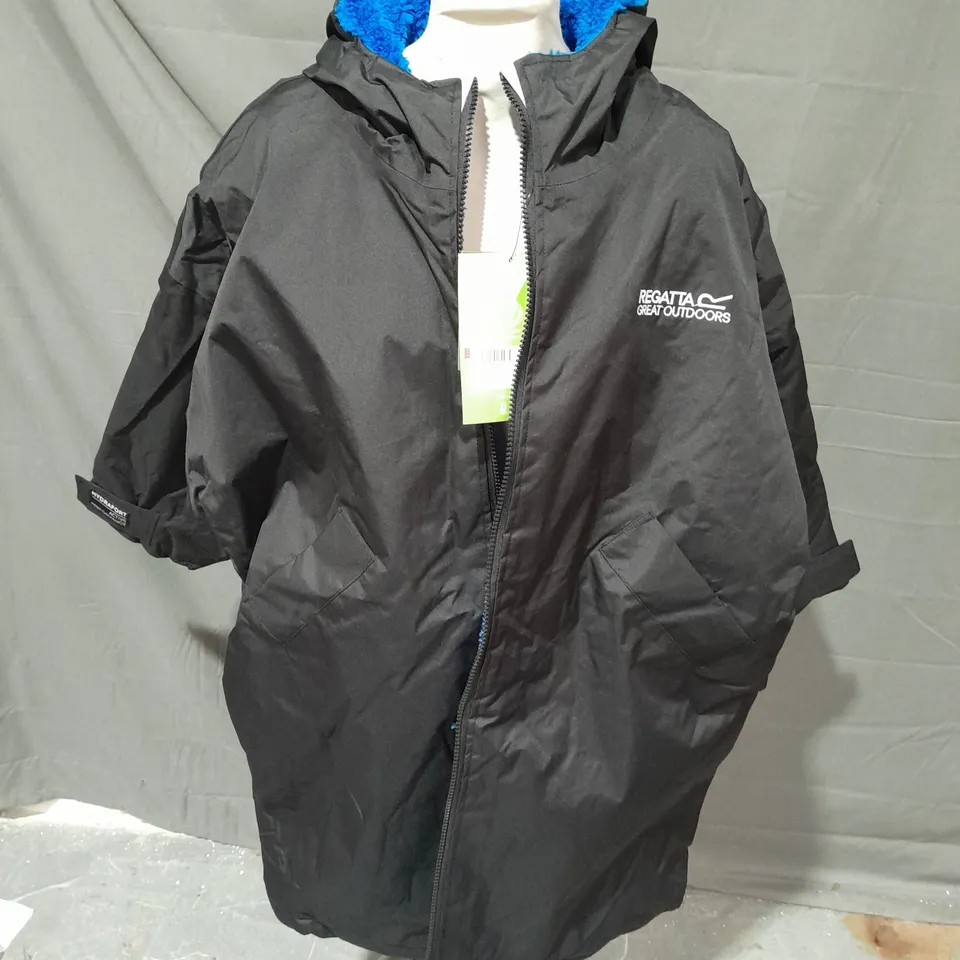 REGATTA WATERPROOF ROBE BLACK JACKET WITH BLUE FUR LINING - SIZE 9-13 YEARS