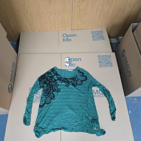 DESIGUAL TEAL LONG-SLEEVE TOP WITH BLACK FLORAL DETAILING – UK 22 (XXL)