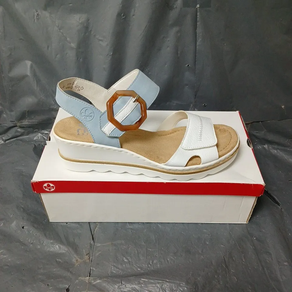 BOXED PAIR OF RIEKER ANTISTRESS WEDGE SANDALS IN BLUE/WHITE SIZE EU 41