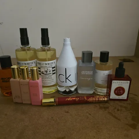 LOT OF 11 ASSORTED UNBOXED PERFUMES IN VARIOUS SIZES TO INCLUDE CK, JEFF & CO AND REBEL