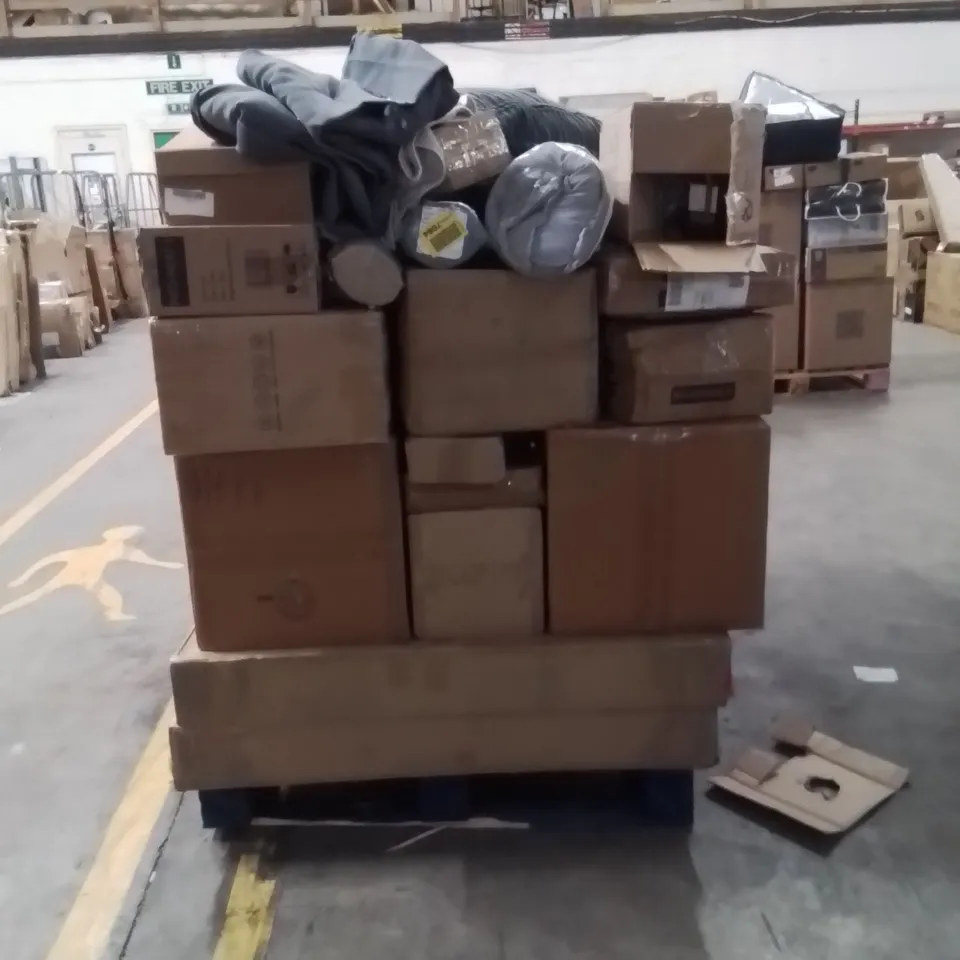PALLET OF ASSORTED HOUSEHOLD GOODS AND PRODUCTS TO INCLUDE;TABLE,HEATED THROWS,RUGS,LIGHTS