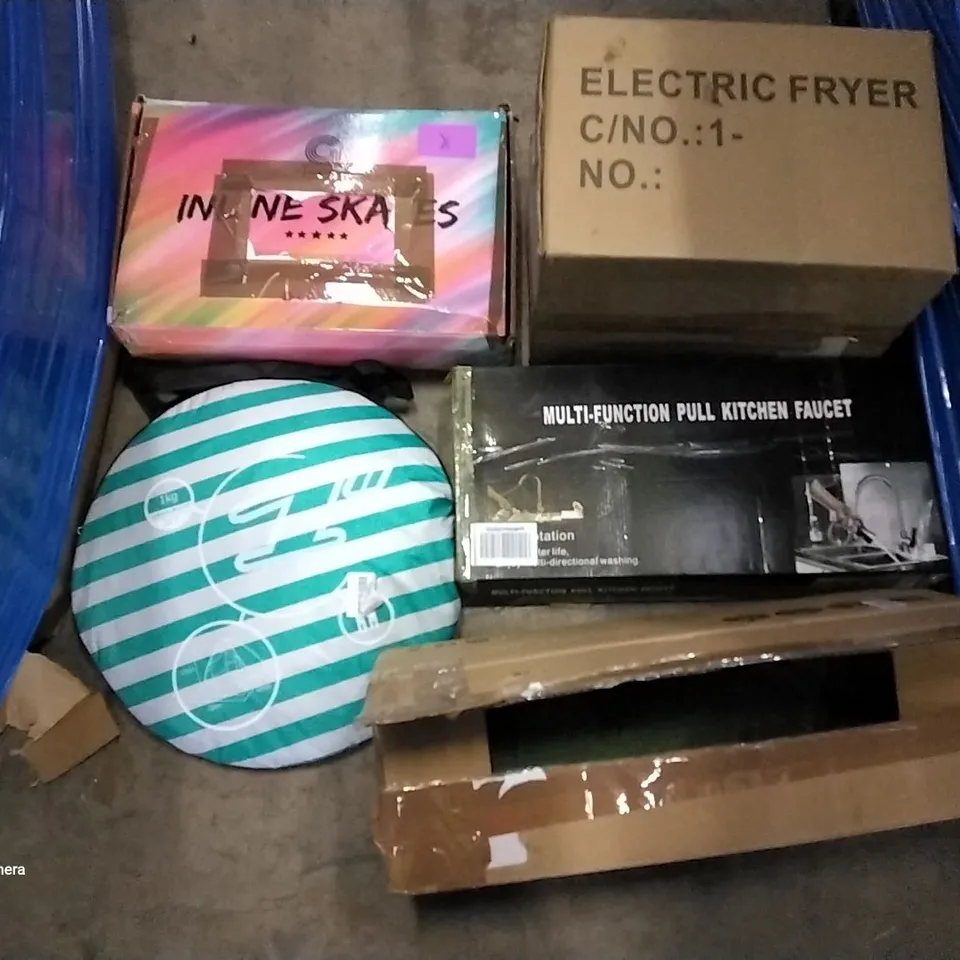 PALLET OF ASSORTED ITEMS INCLUDING ELECTRI  FRYER, MULTI-FUNCTION PULL KITCHEN FAUCET, CAMPING TENT, POP UP TENT, INLINE SKATES, INSTANT POT AIR FRYER