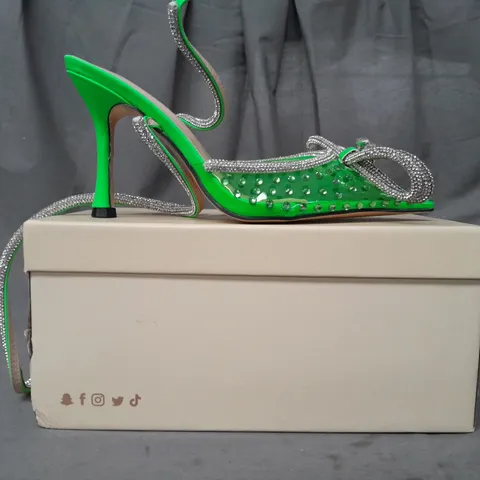 BOXED PAIR OF PUBLIC DESIRE POINTED TOE HEELS IN NEON GREEN W. JEWEL EFFECT UK SIZE 5