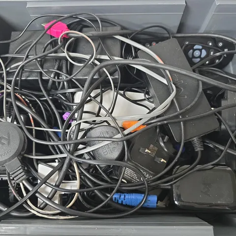 APPROXIMATELY 15 ASSORTED HOUSEHOLD ITEMS TO INCLUDE ROUTERS, CABLES, REMOTES, ETC