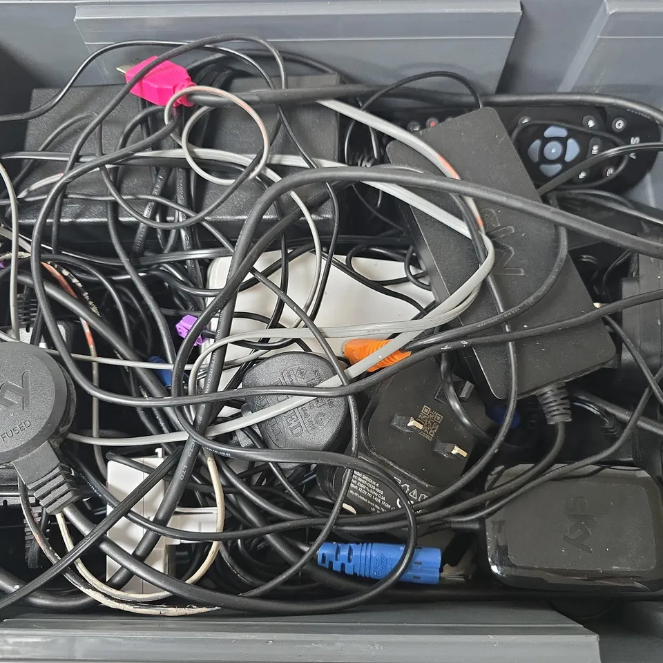 APPROXIMATELY 15 ASSORTED HOUSEHOLD ITEMS TO INCLUDE ROUTERS, CABLES, REMOTES, ETC